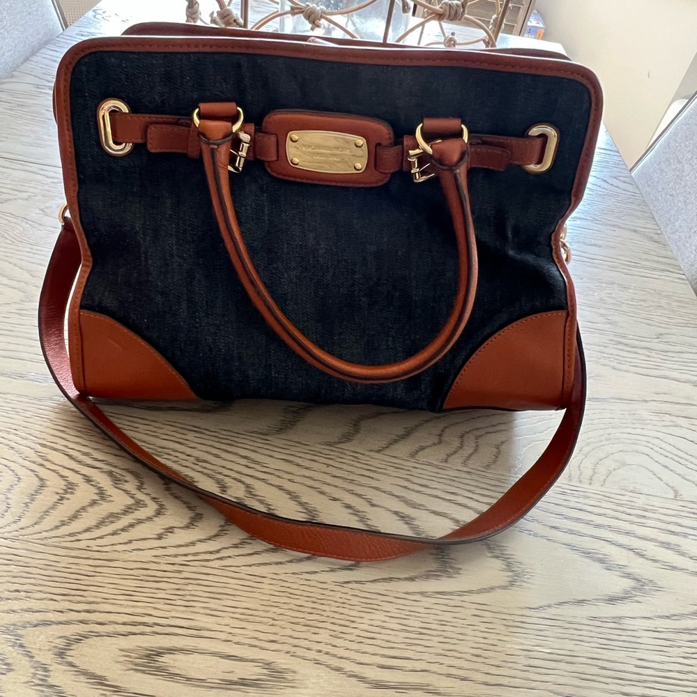 Michael Kors denim and brown leather satchel purse